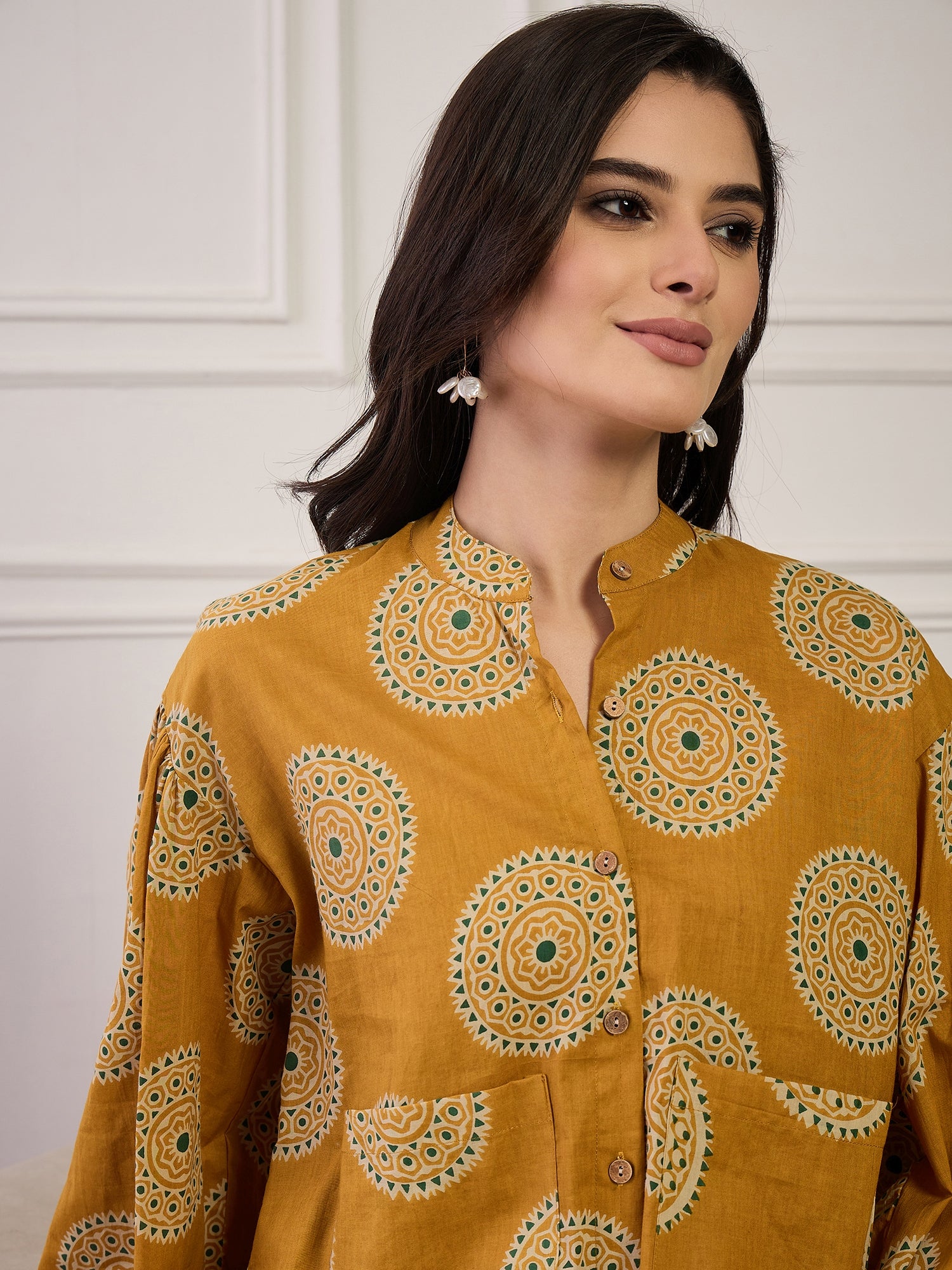 Mustard Geometric Circles Print Pocket Boho Shirt