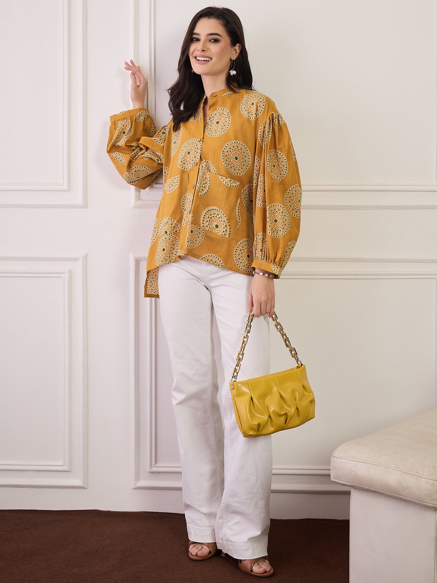 Mustard Geometric Circles Print Pocket Boho Shirt