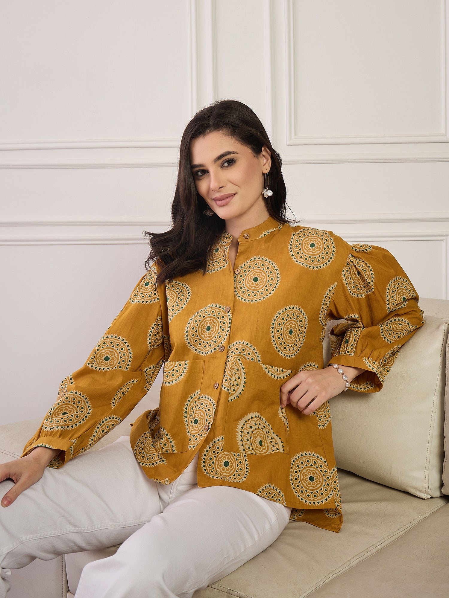 Mustard Geometric Circles Print Pocket Boho Shirt