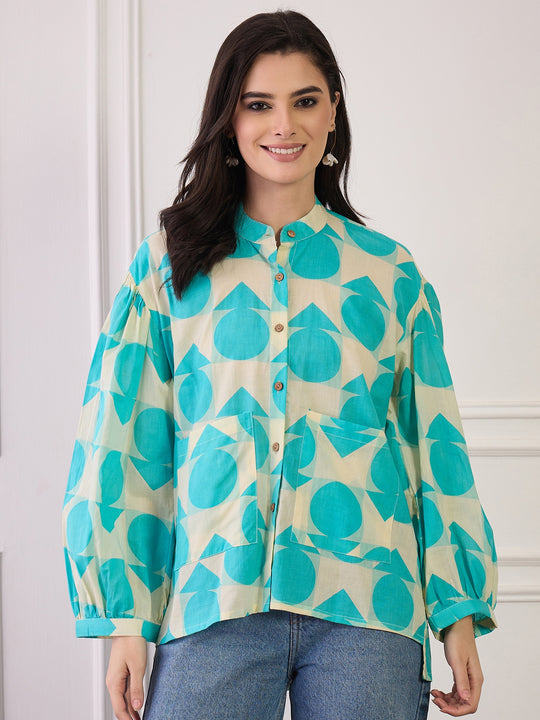 Skyblue Cream Print Pocket Boho Shirt