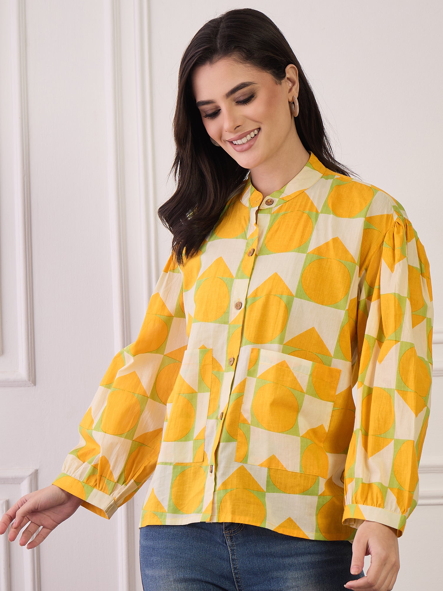 Yellow Cream Print Pocket Boho Shirt