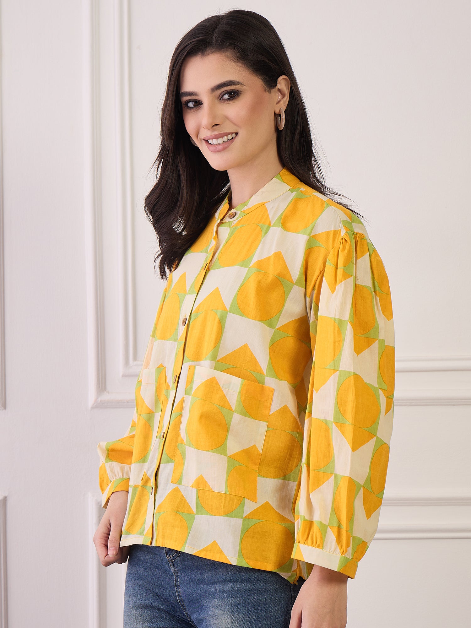 Yellow Cream Print Pocket Boho Shirt