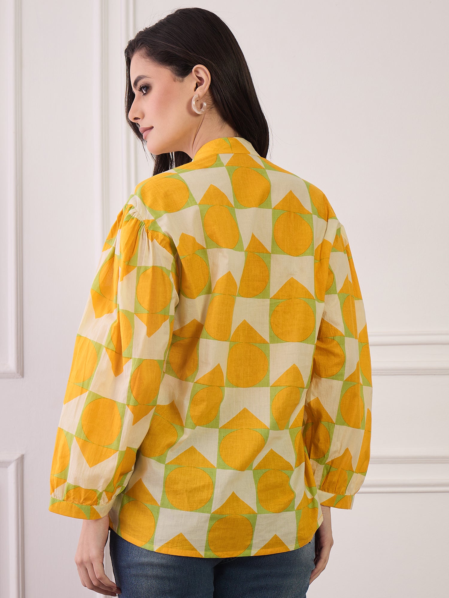 Yellow Cream Print Pocket Boho Shirt