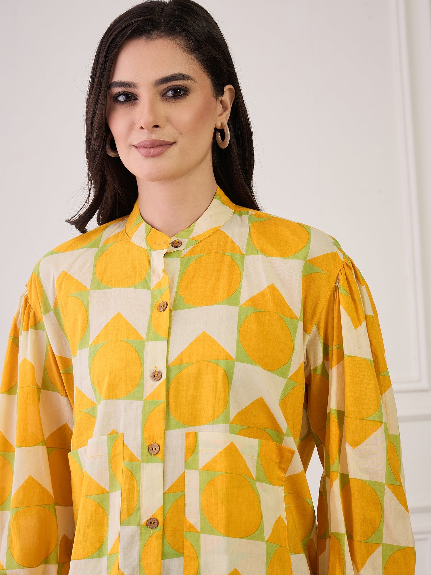 Yellow Cream Print Pocket Boho Shirt