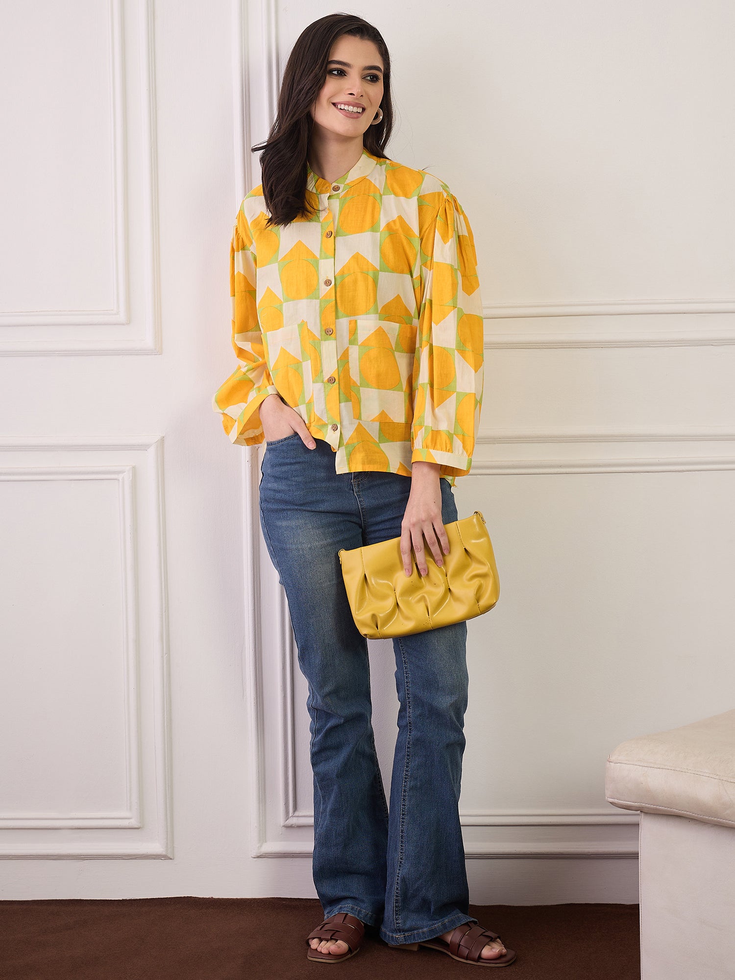 Yellow Cream Print Pocket Boho Shirt