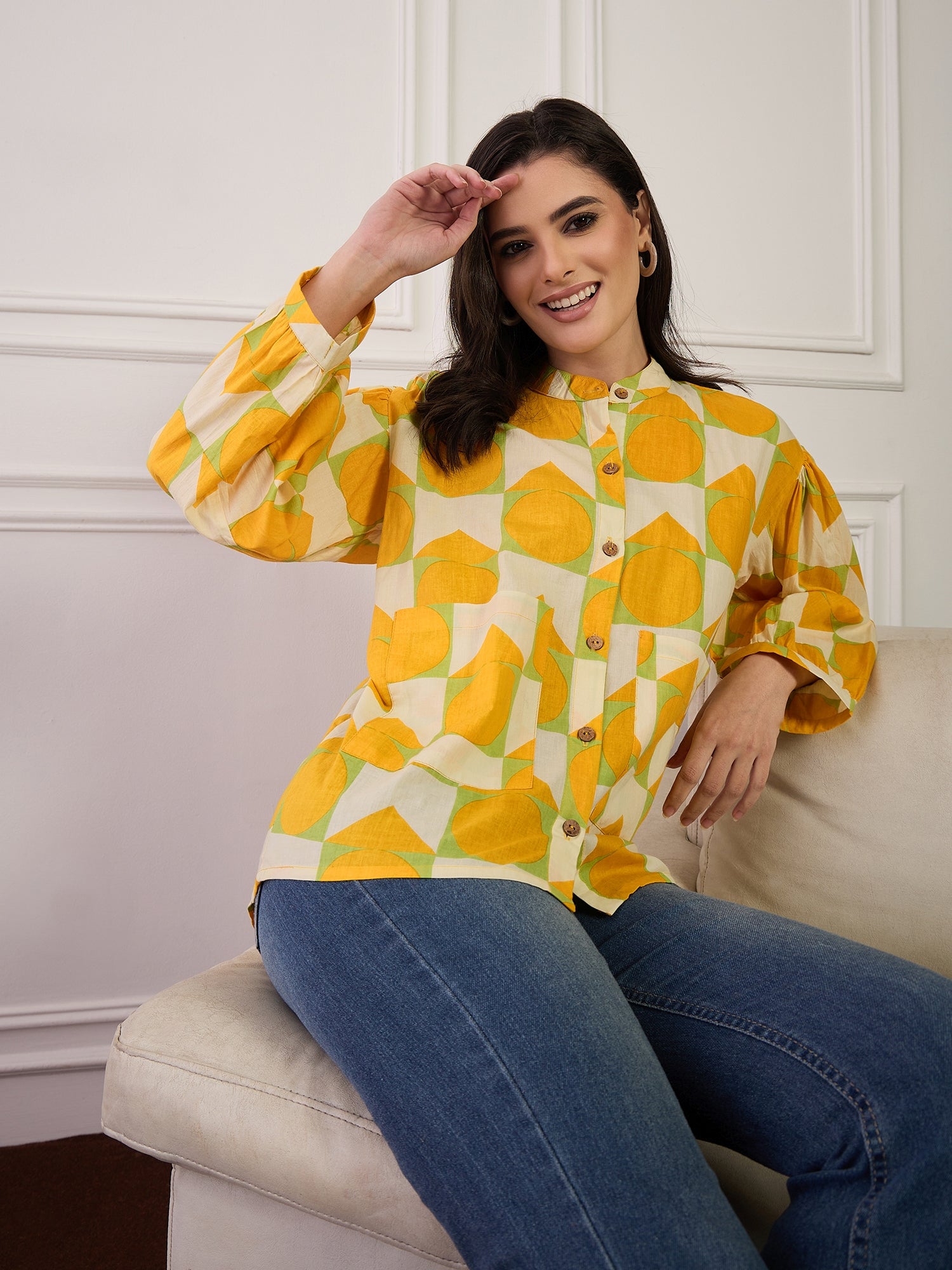 Yellow Cream Print Pocket Boho Shirt