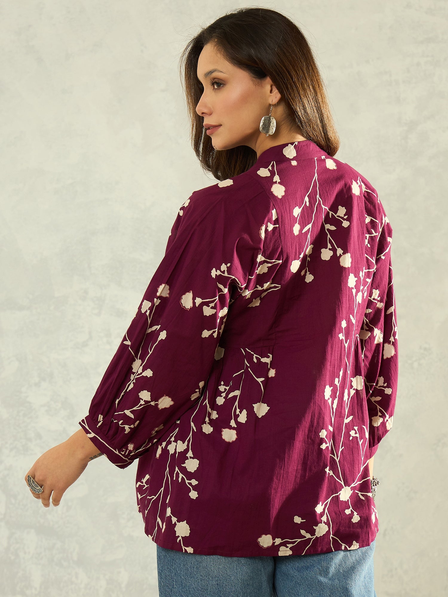 Wine White Floral Band Neck Shirt