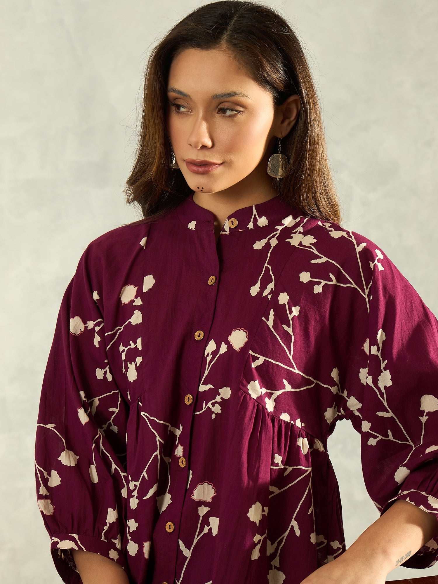 Wine White Floral Band Neck Shirt