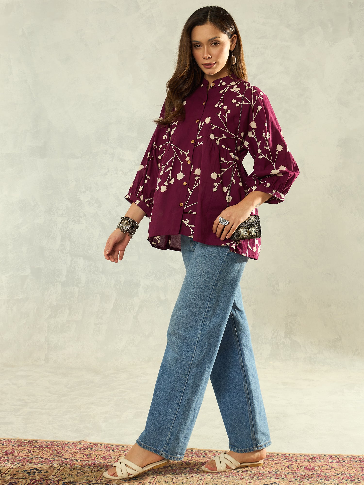 Wine White Floral Band Neck Shirt