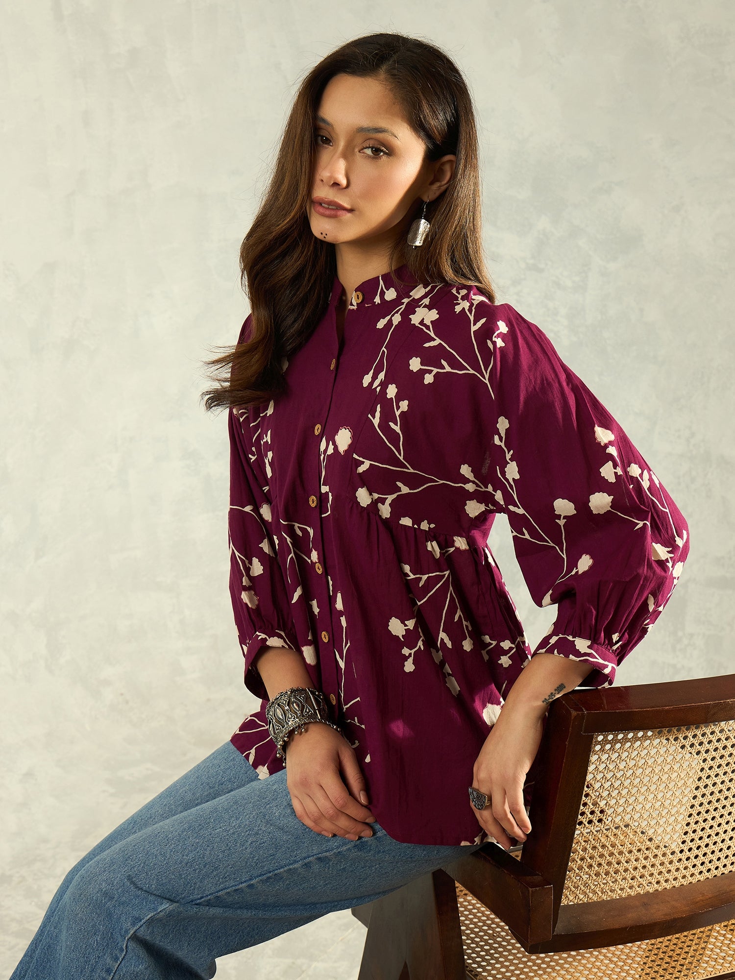 Wine White Floral Band Neck Shirt