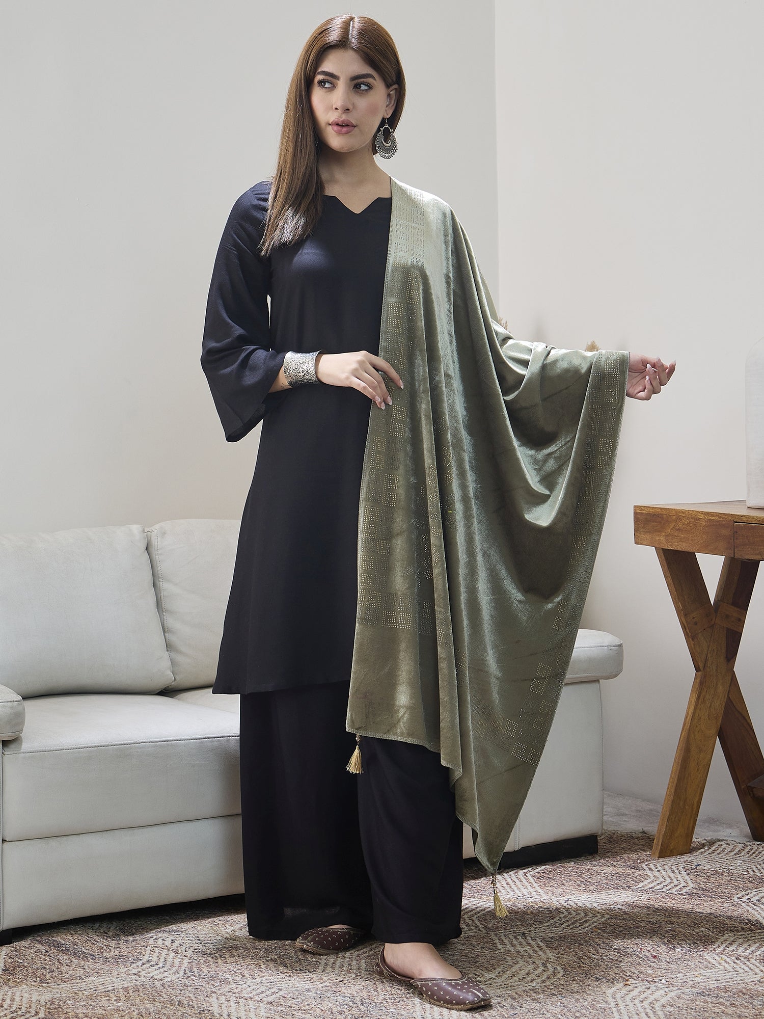 Pista Green Velvet Shawl