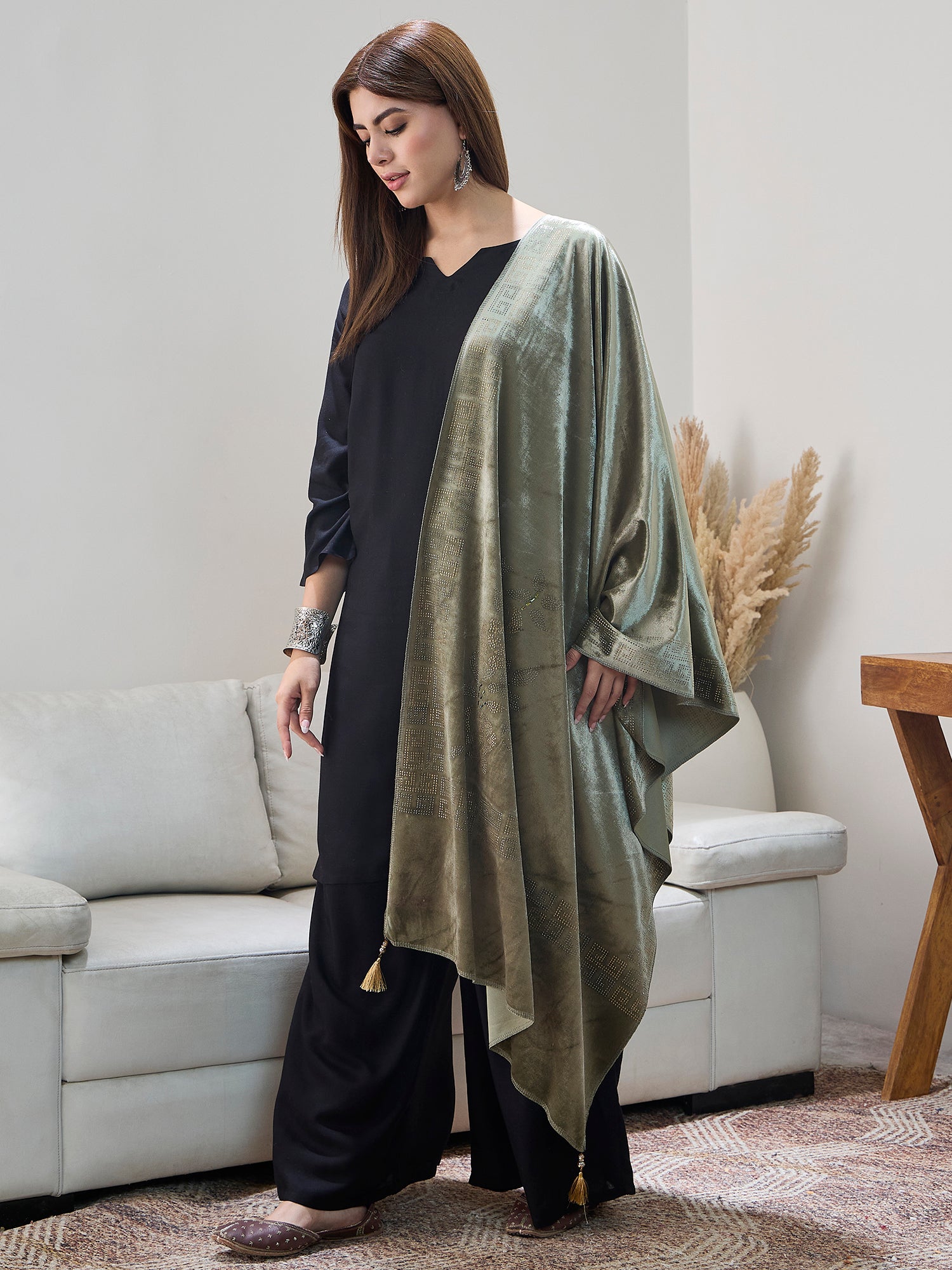 Pista Green Velvet Shawl