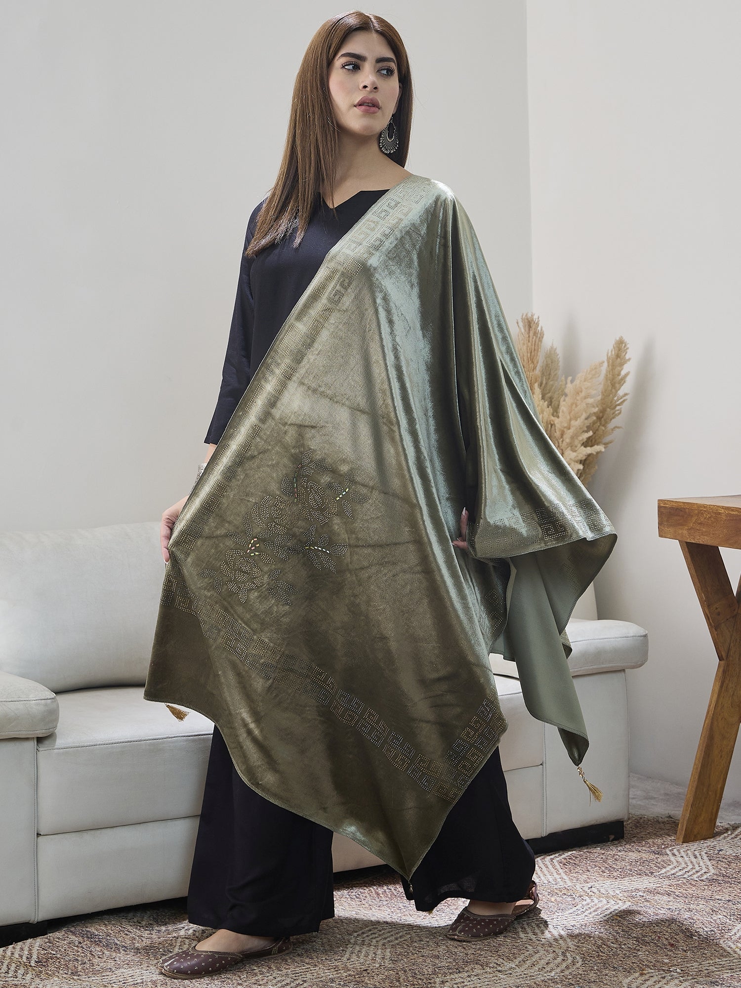 Pista Green Velvet Shawl