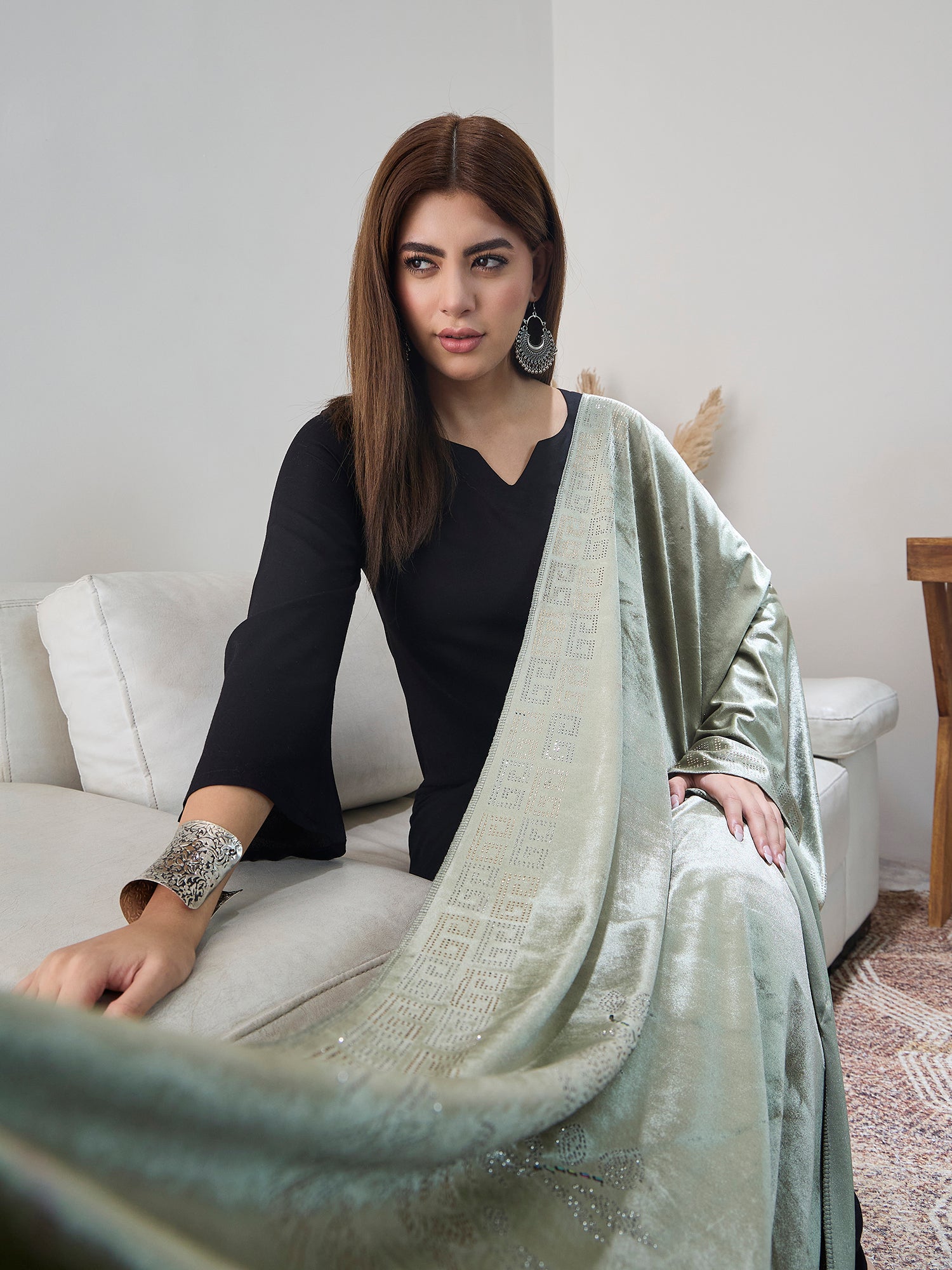 Pista Green Velvet Shawl