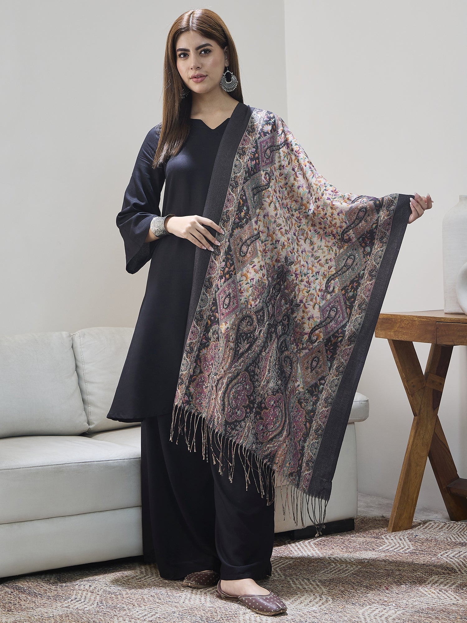 Black Shimmer Border Printed Shawl