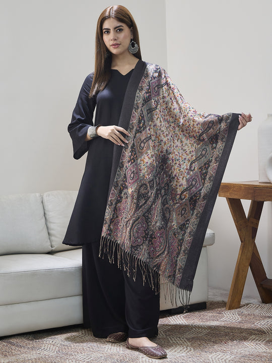Black Shimmer Border Printed Shawl