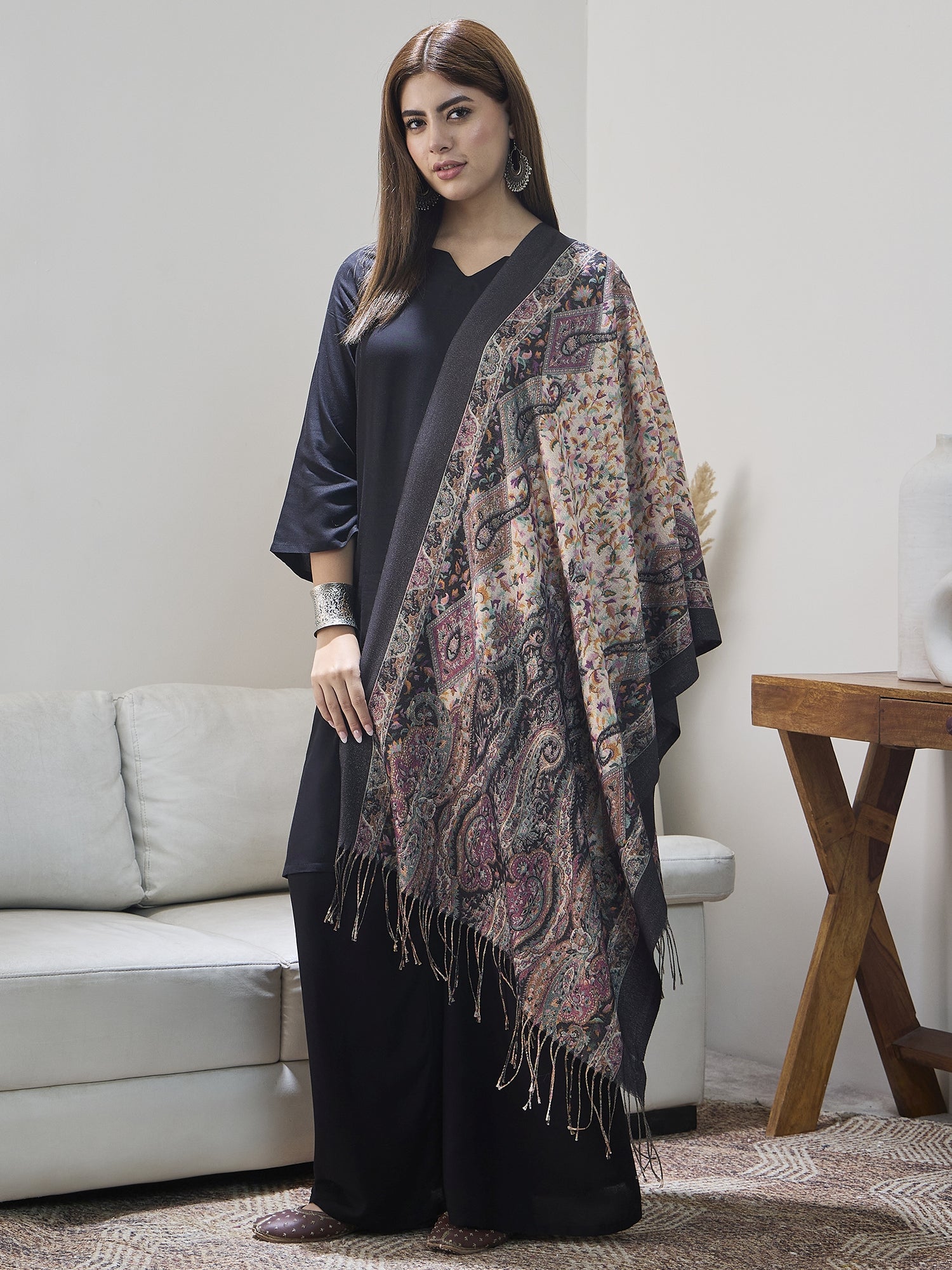 Black Shimmer Border Printed Shawl