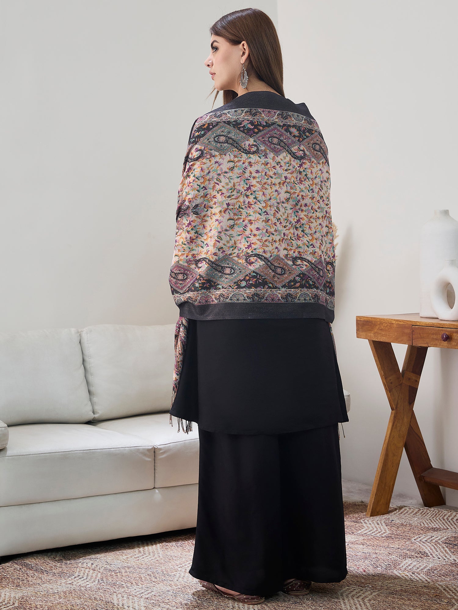 Black Shimmer Border Printed Shawl