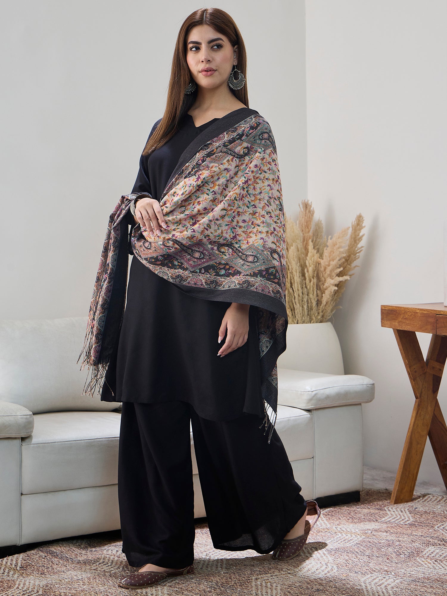 Black Shimmer Border Printed Shawl