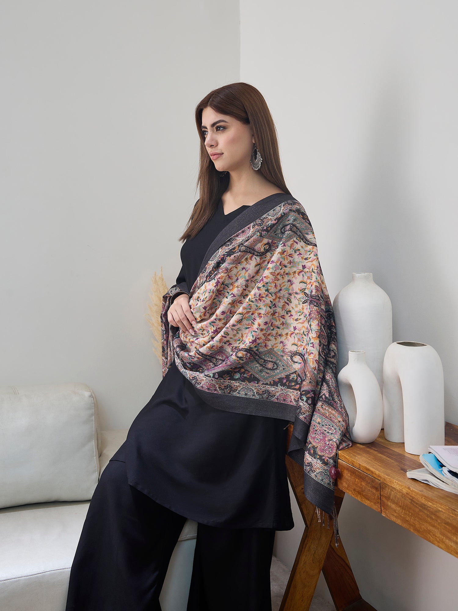 Black Shimmer Border Printed Shawl