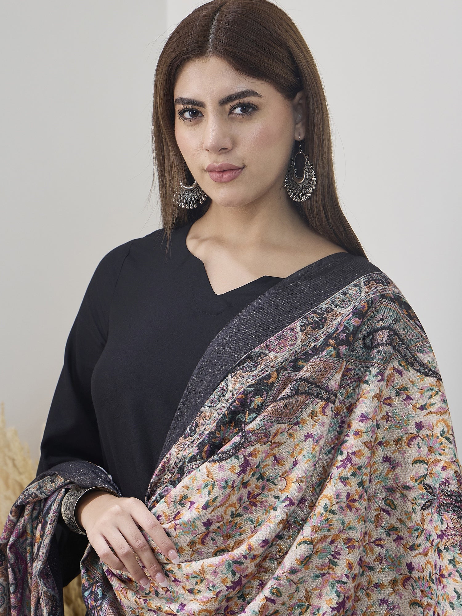 Black Shimmer Border Printed Shawl