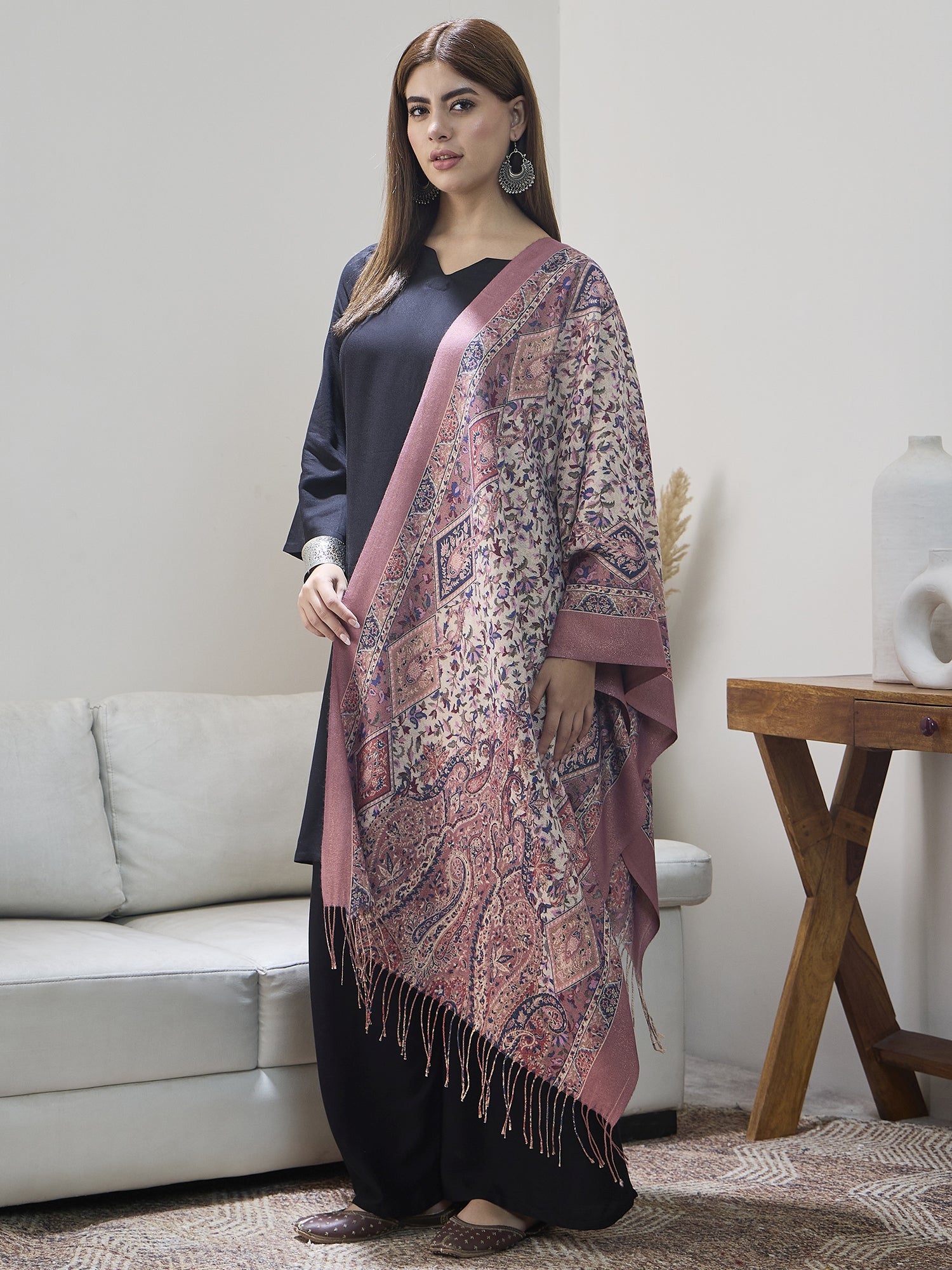 Pink Shimmer Border Printed Shawl