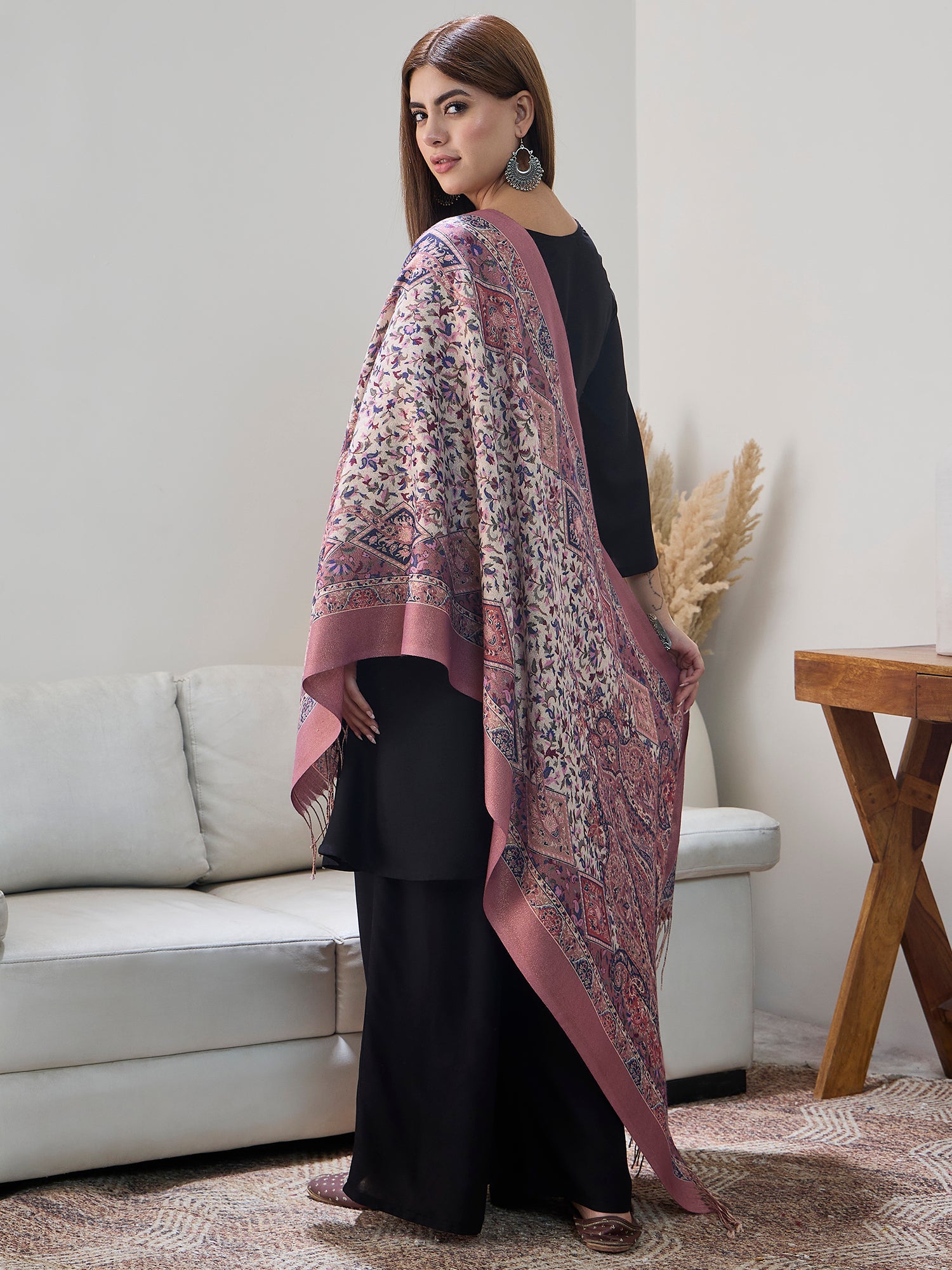 Pink Shimmer Border Printed Shawl