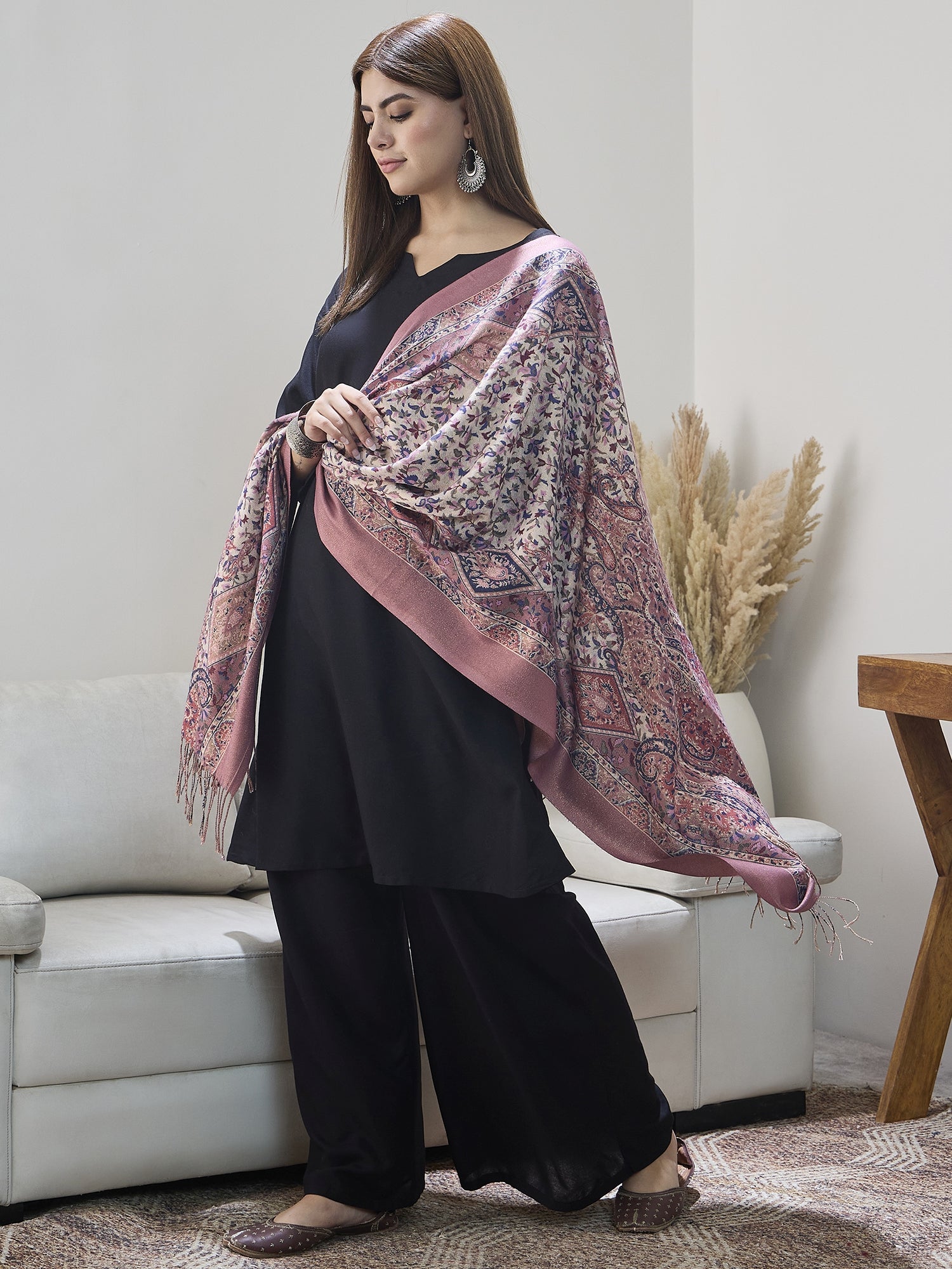Pink Shimmer Border Printed Shawl