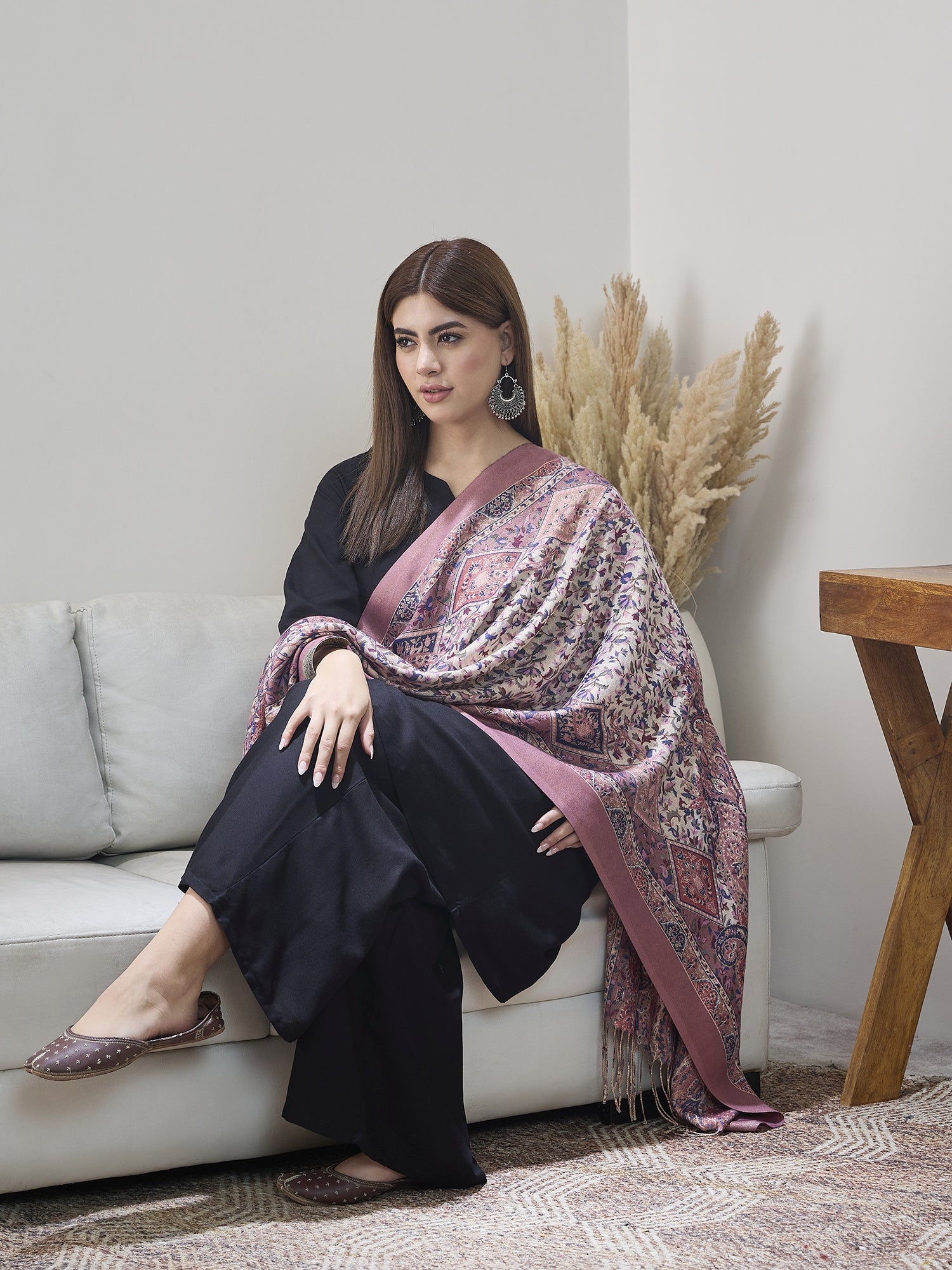 Pink Shimmer Border Printed Shawl