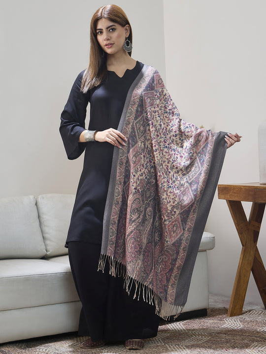 Grey Shimmer Border Printed Shawl