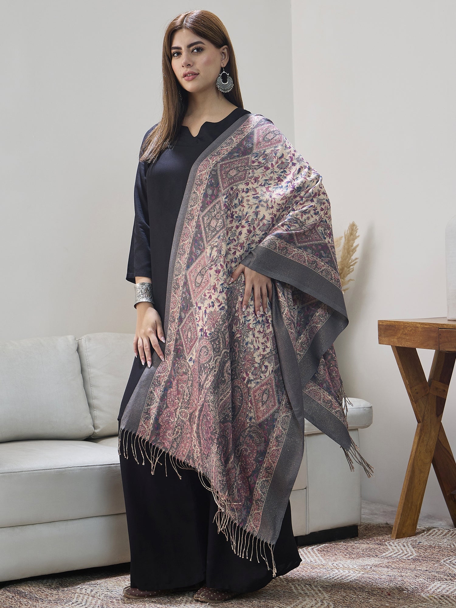 Grey Shimmer Border Printed Shawl