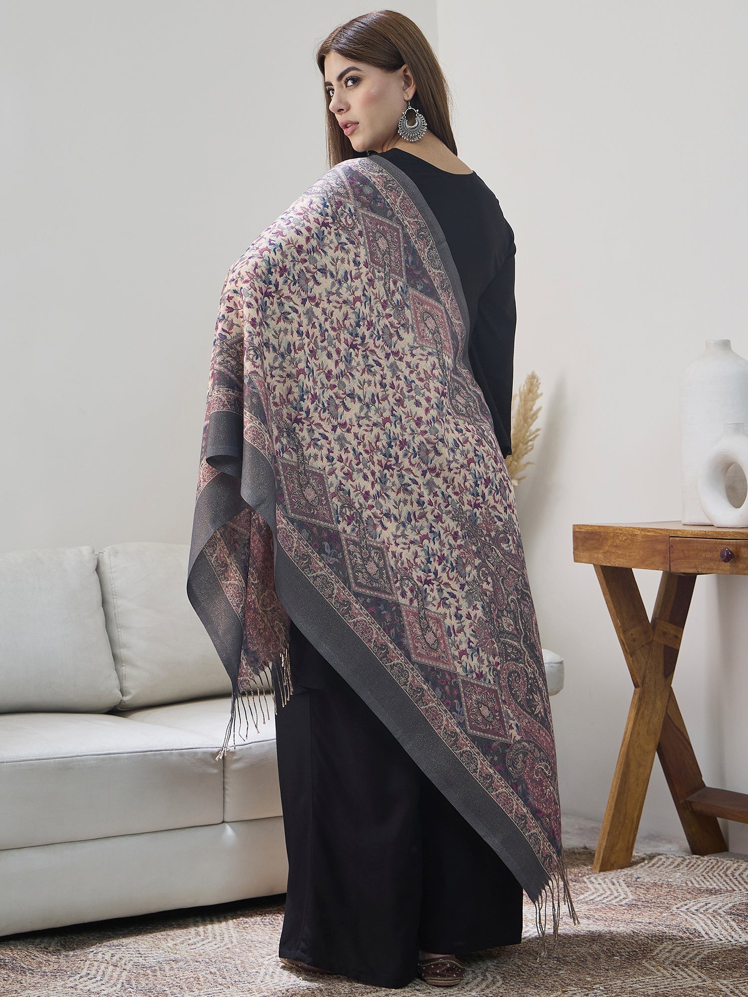 Grey Shimmer Border Printed Shawl