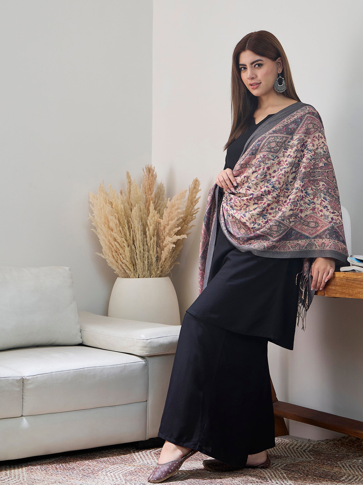 Grey Shimmer Border Printed Shawl