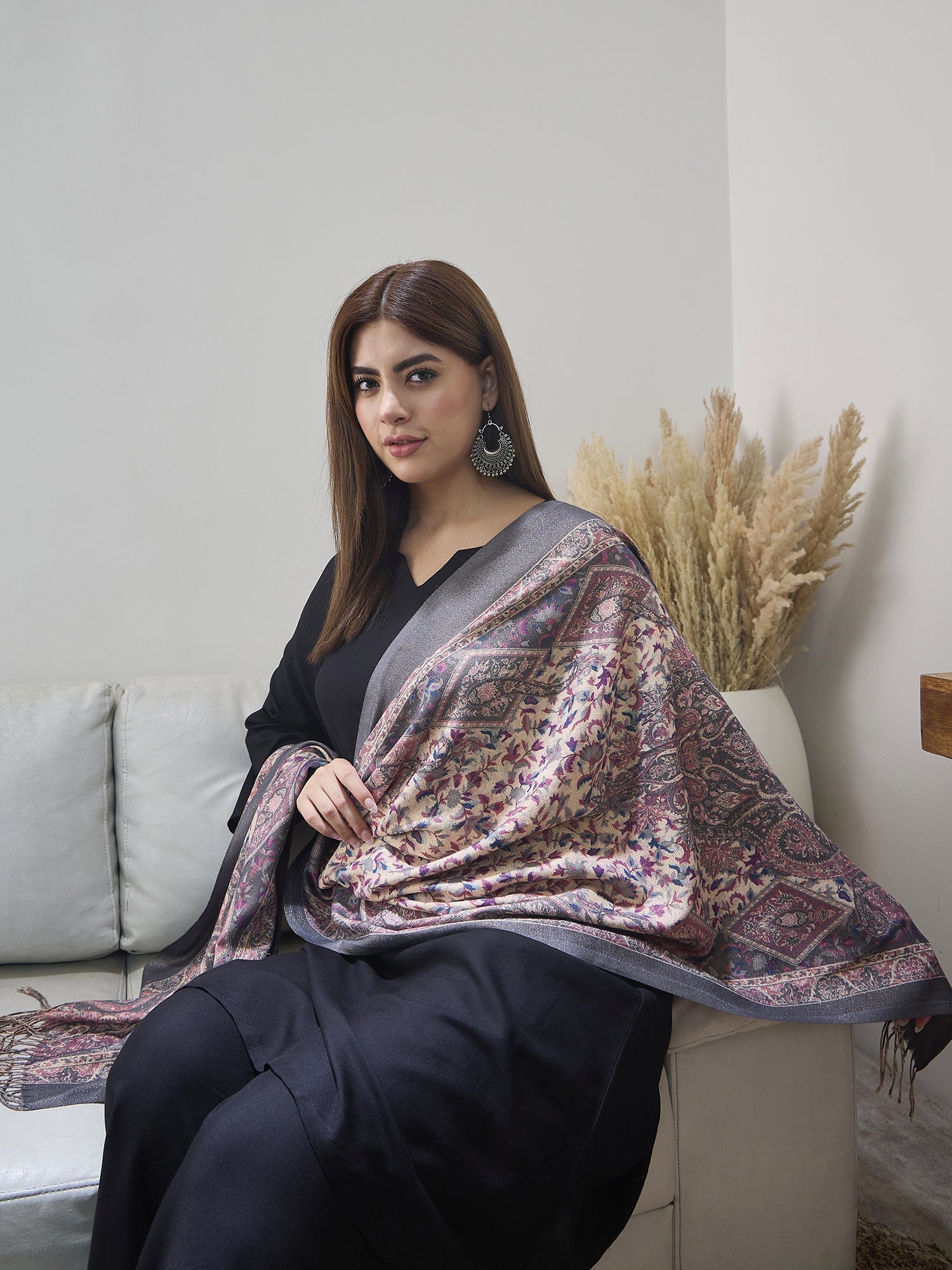 Grey Shimmer Border Printed Shawl