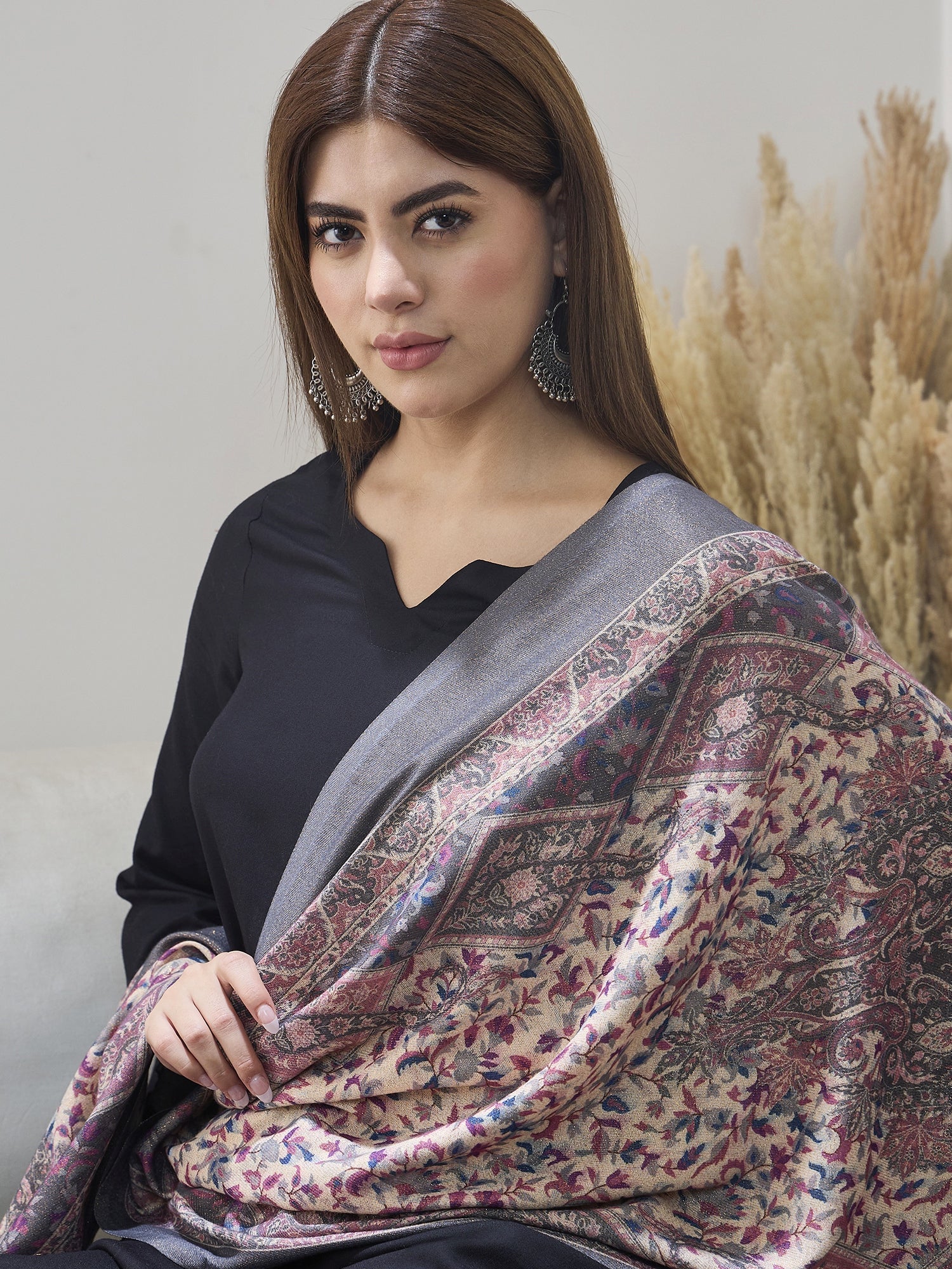 Grey Shimmer Border Printed Shawl