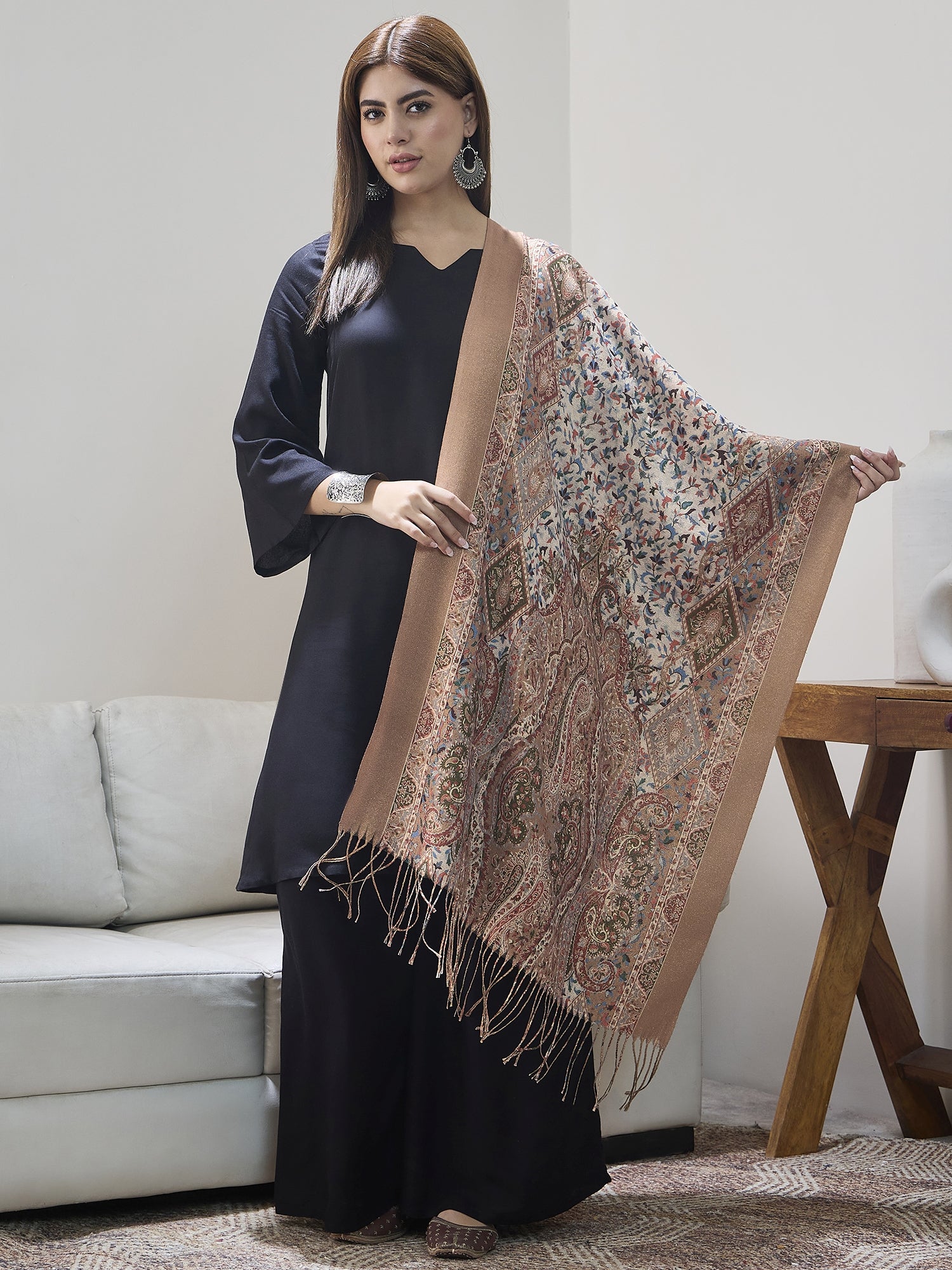 Beige Shimmer Border Printed Shawl