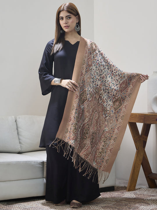 Beige Shimmer Border Printed Shawl