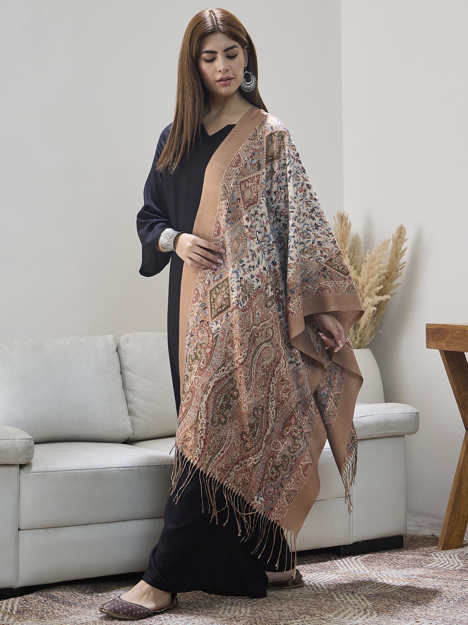 Beige Shimmer Border Printed Shawl