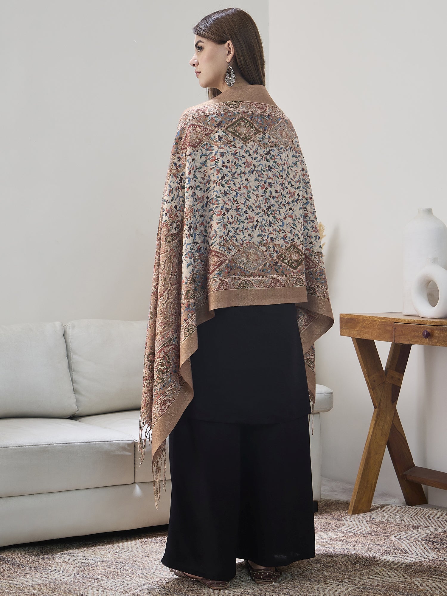 Beige Shimmer Border Printed Shawl