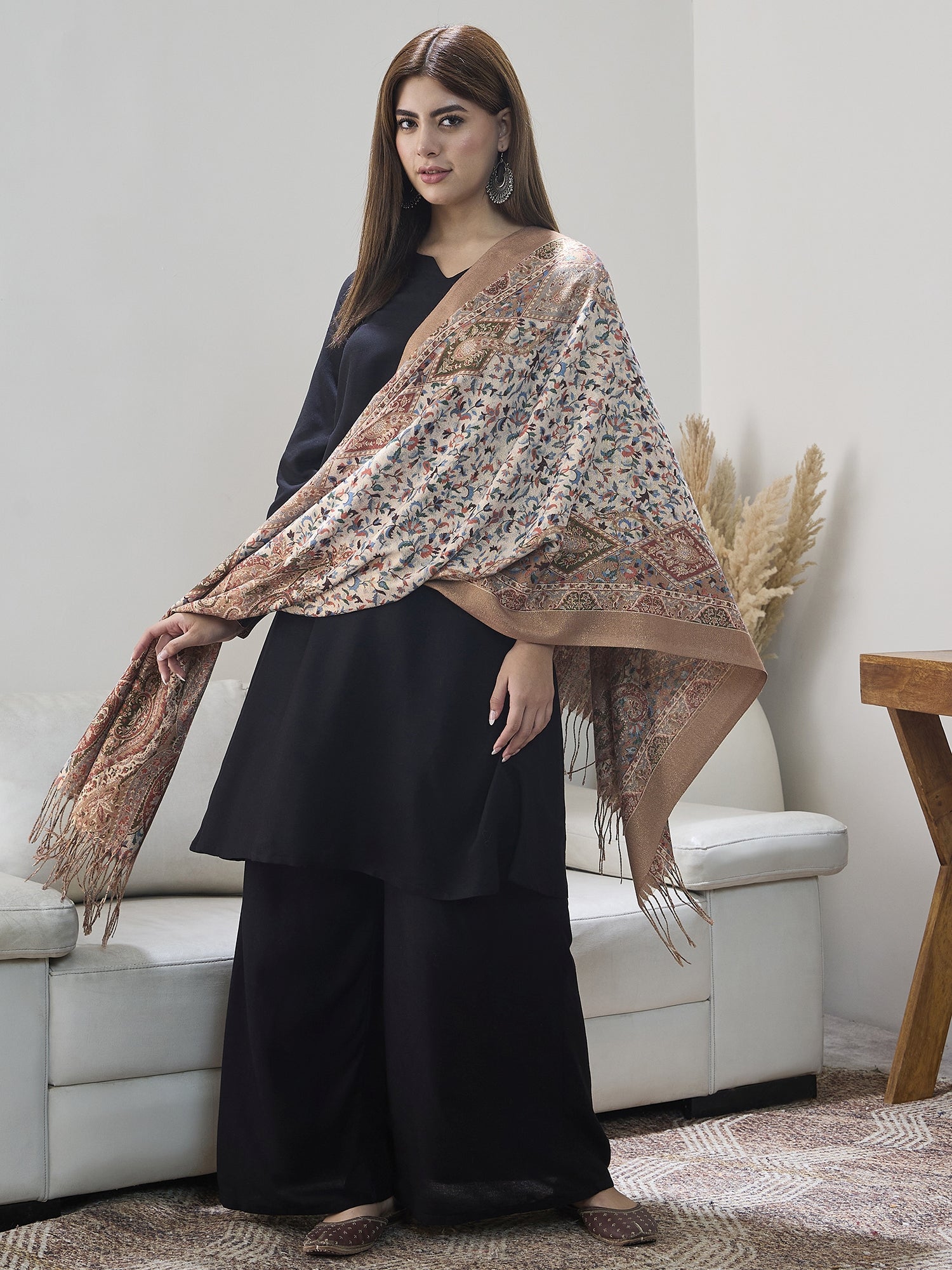Beige Shimmer Border Printed Shawl