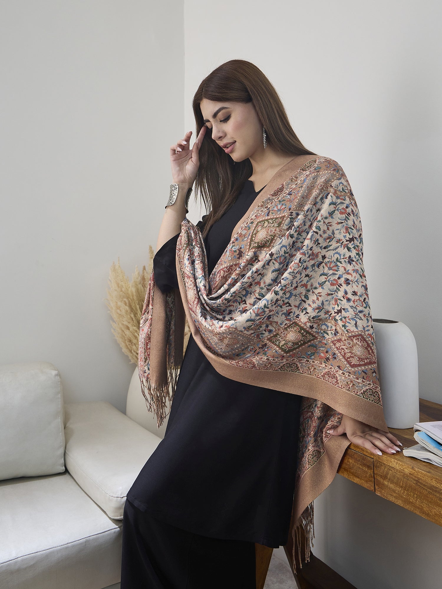 Beige Shimmer Border Printed Shawl