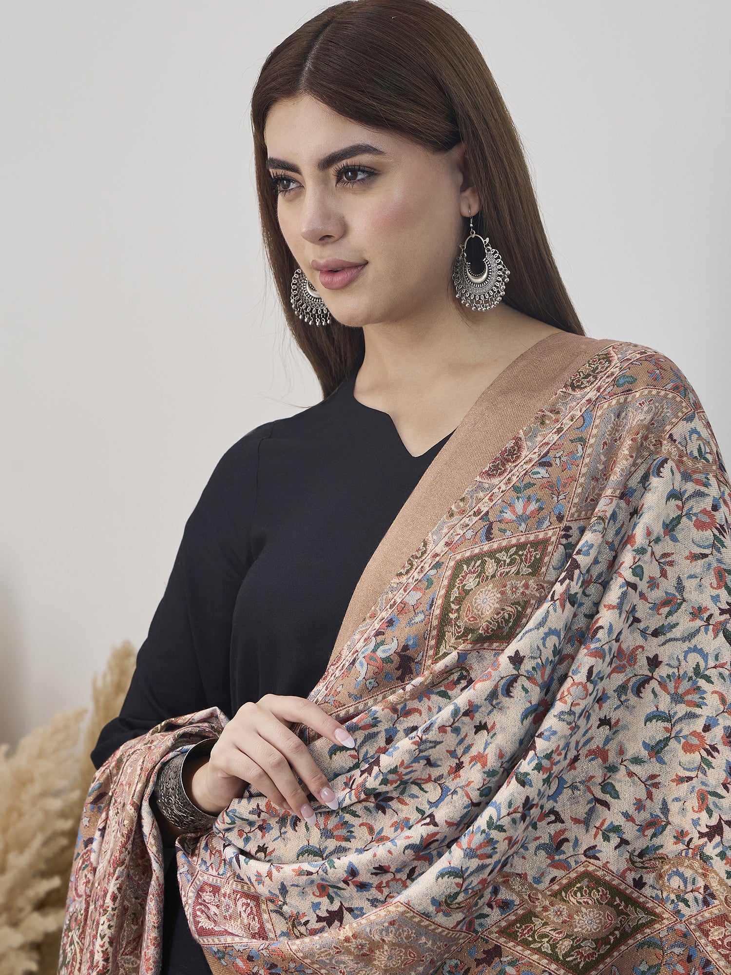 Beige Shimmer Border Printed Shawl