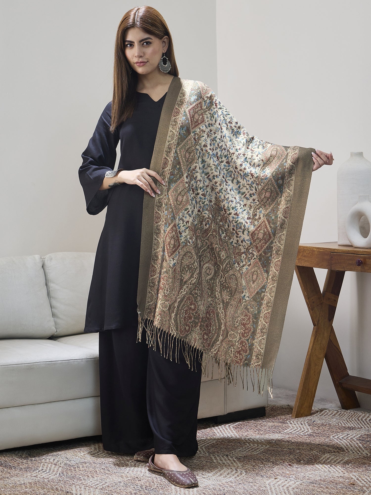 Olive Shimmer Border Printed Shawl