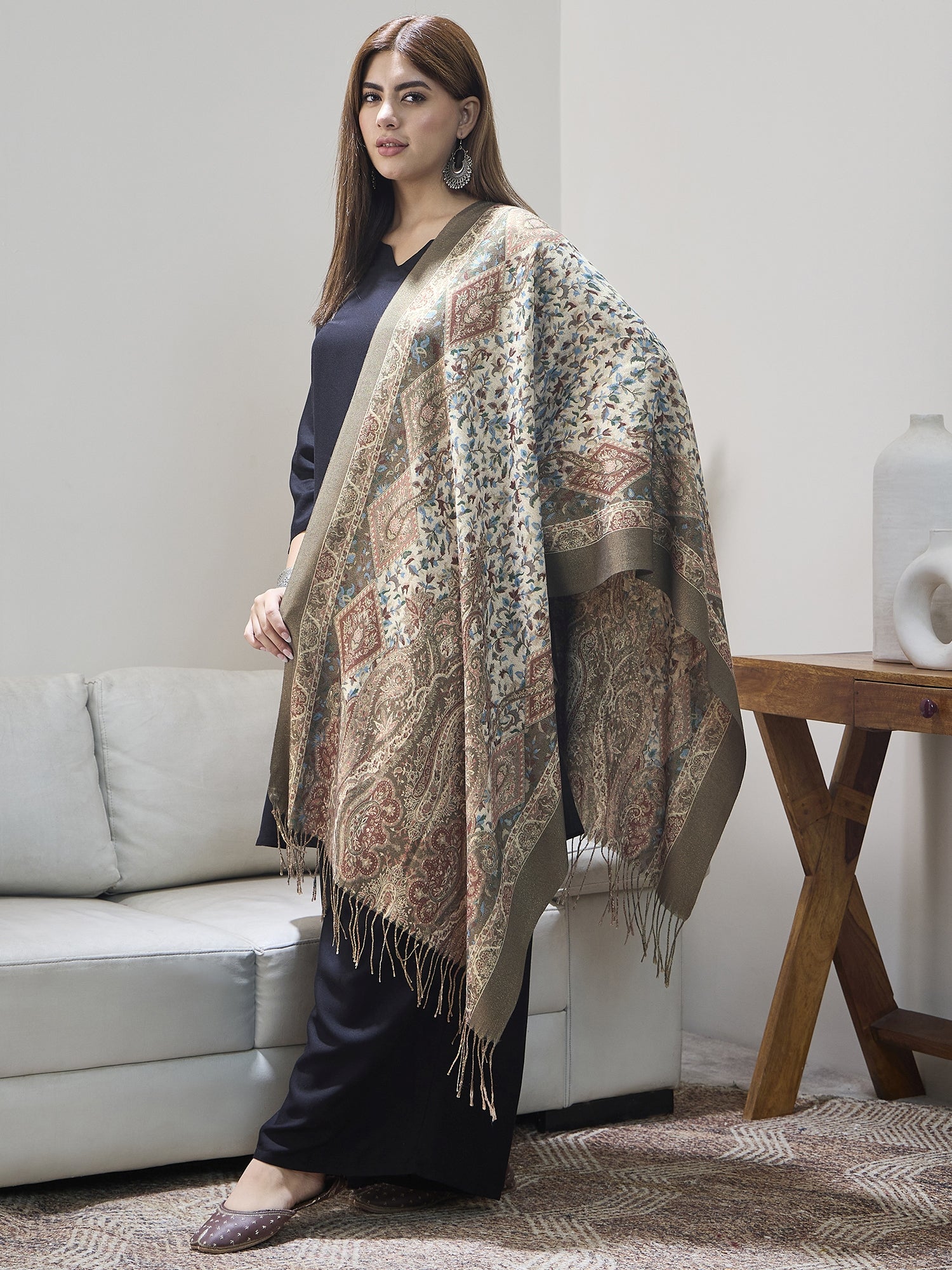 Olive Shimmer Border Printed Shawl