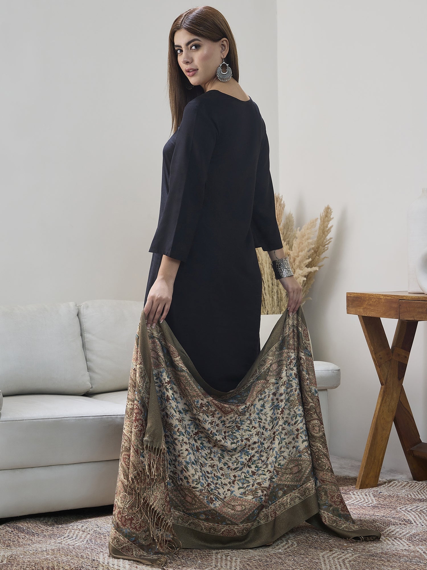 Olive Shimmer Border Printed Shawl