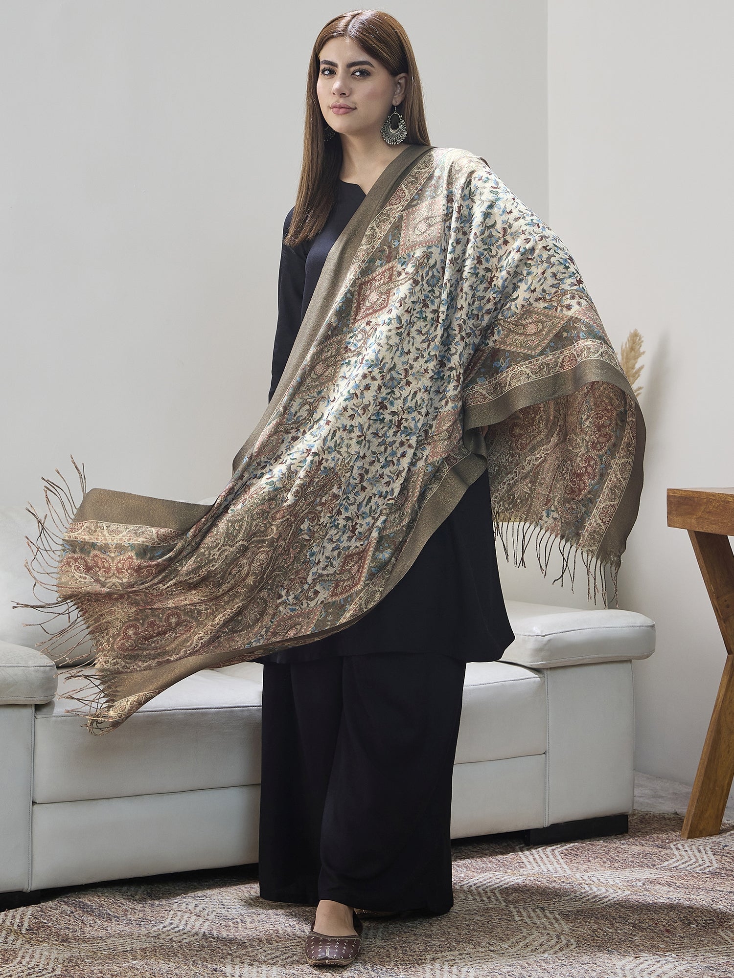 Olive Shimmer Border Printed Shawl