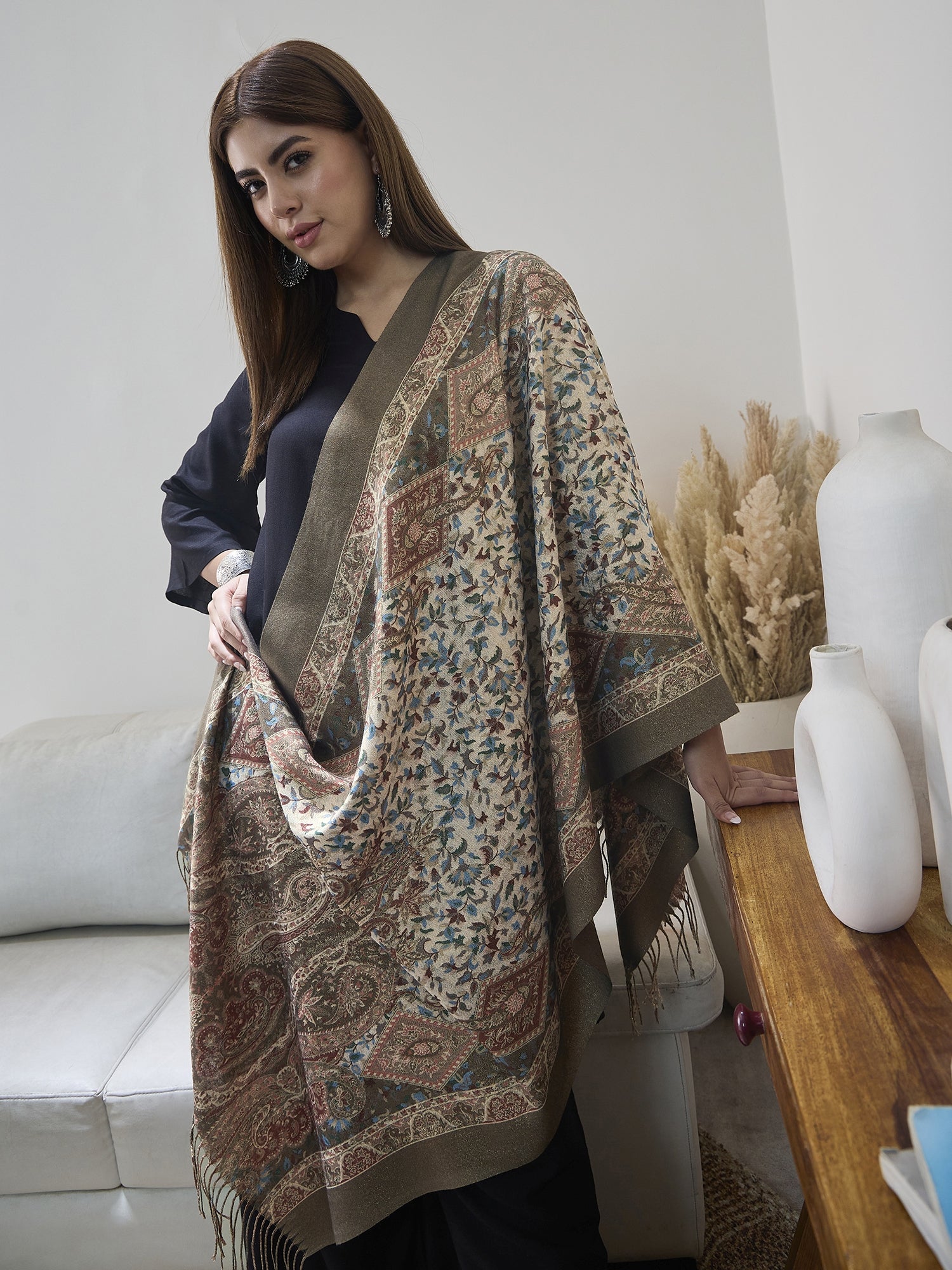 Olive Shimmer Border Printed Shawl