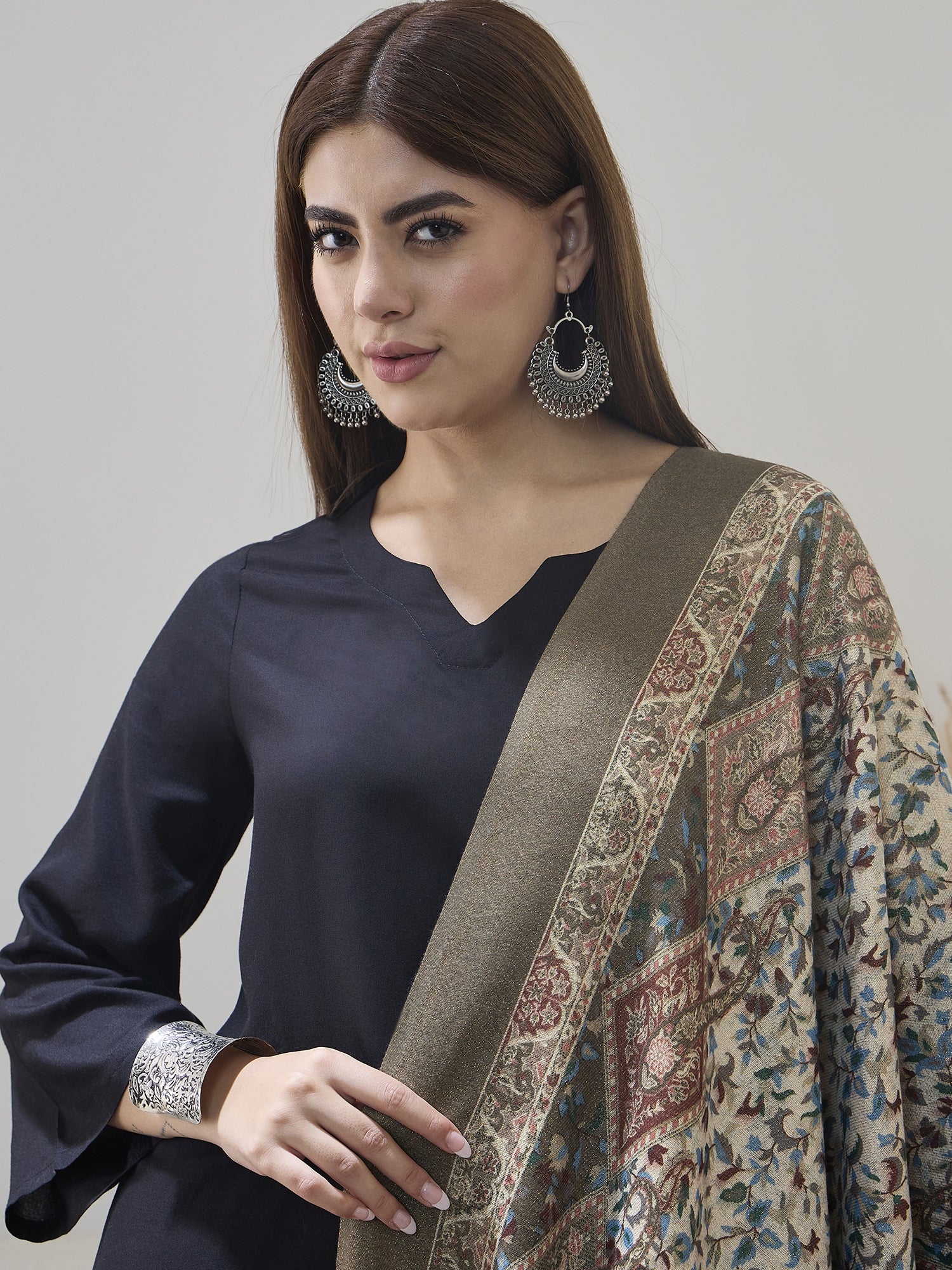 Olive Shimmer Border Printed Shawl