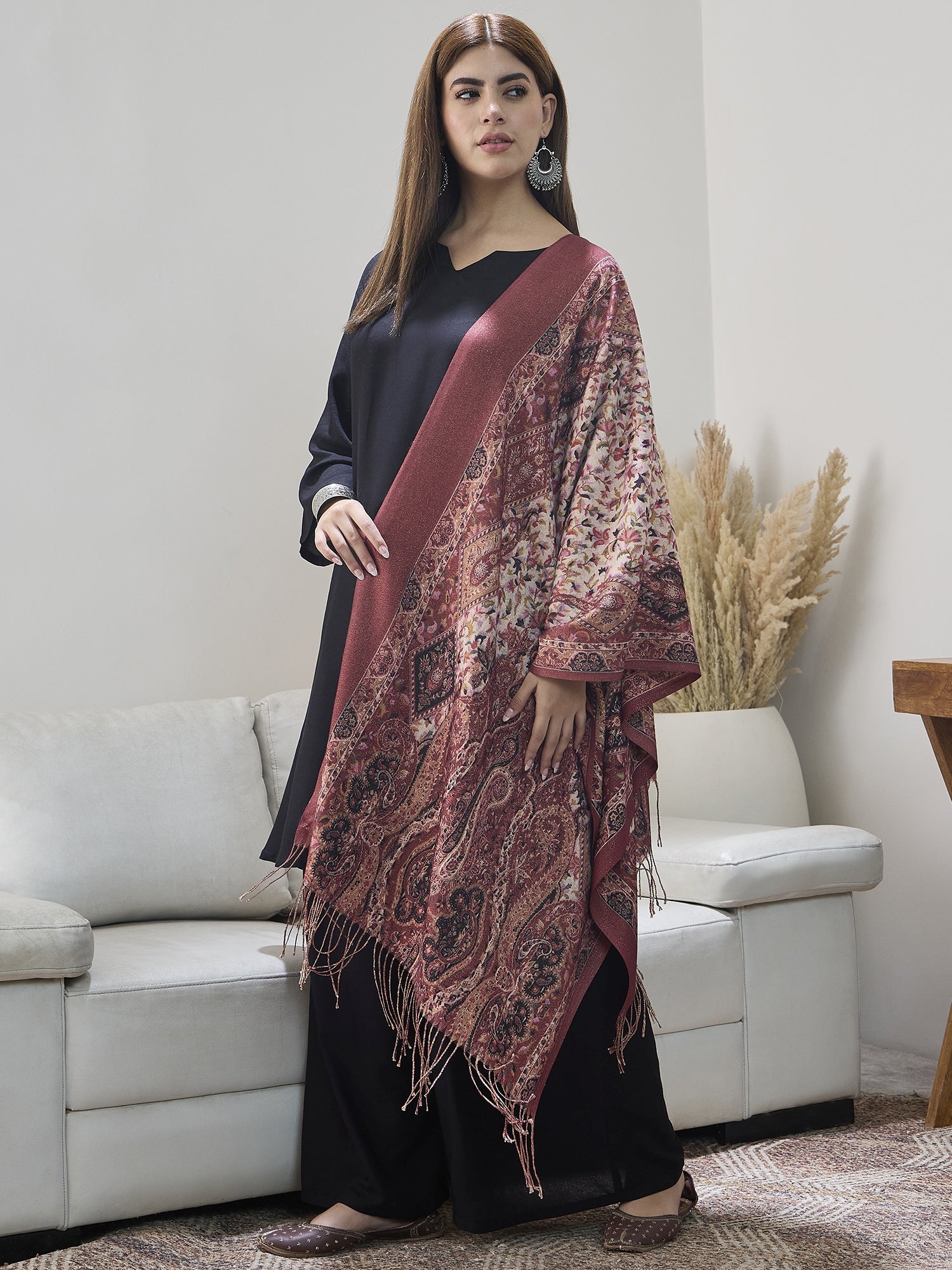 Rust Shimmer Border Printed Shawl