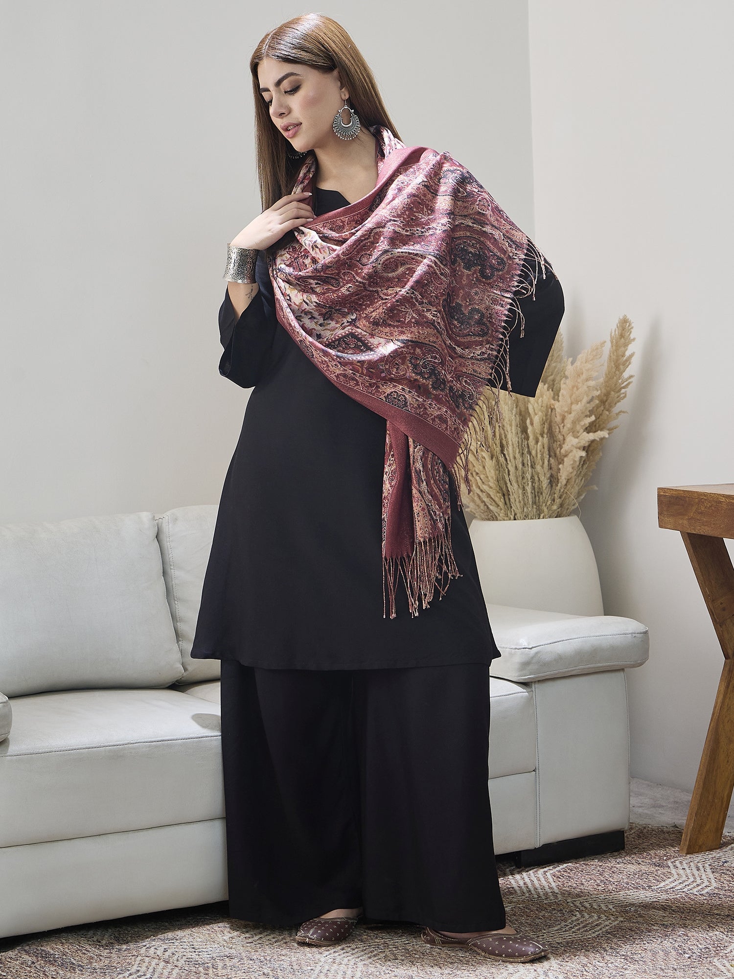 Rust Shimmer Border Printed Shawl